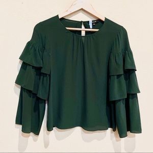 Madewell Silk Ruffle Long Sleeve Green Blouse